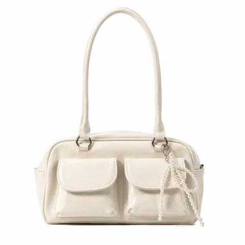 ivory leather Hand Bag with Beads charms