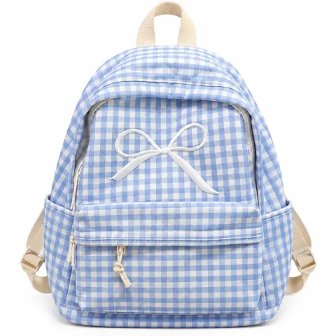 Cute Blue Gingham Backpack with Bow