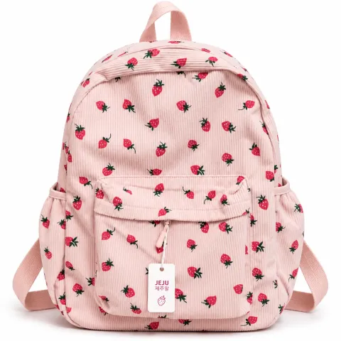 JEJU Strawberry Print Corduroy Backpack