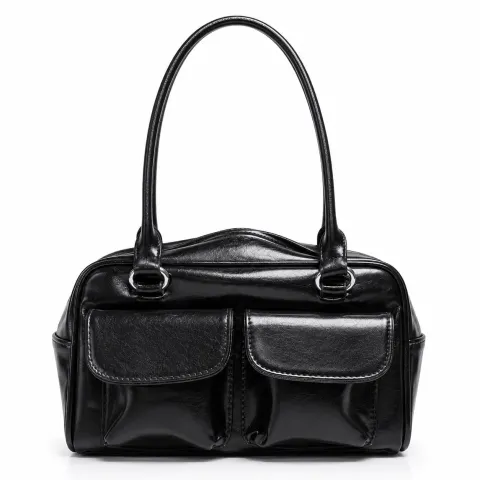 Premium Black Faux Leather Shoulder Bag with Dual Front Pockets